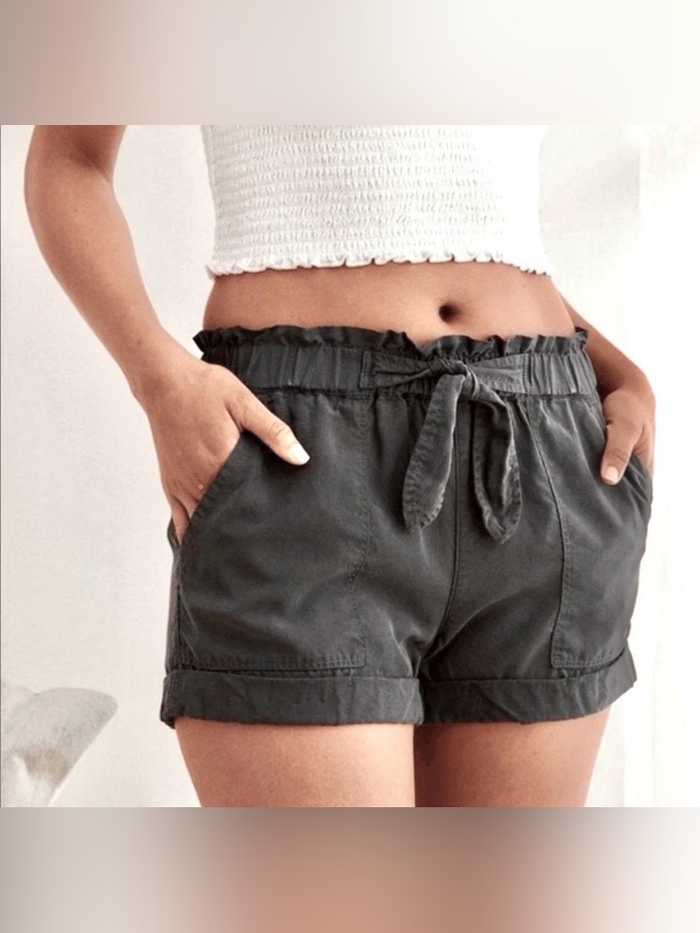 aerie Charcoal Gray PaperBag  Elastic Waist Faux Tie Front Casual Shorts L